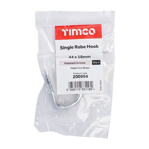 Single Robe Hook Pol. Chrome [44 x 18mm] - [Bag] 1 Each