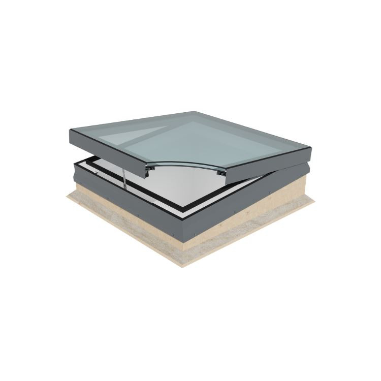 Select Flat Glass Rooflight Concealed Electric Opening with Remote with Timber Sloping Kerb - Glazed Frame and Prefabricated Timber Sloping Kerb