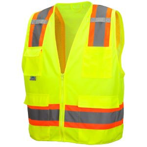 Hi-Vis Type R, Class 2, Lime Surveyors Vest, Solid Front &amp; Mesh Back, 2" Silver Stripes W/ 4" Contrast Color Trim, Zipper Closure, Multiple Pockets, Flashlight &amp; Mic Tabs On Shoulders - Size 2x Large