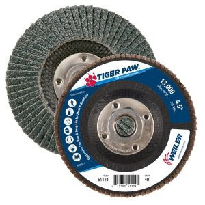 4 1/2" Tiger Paw Abrasive Flap Disk 60z Angled, Phenolic Backing, 60z, 5/8- 11 Nut