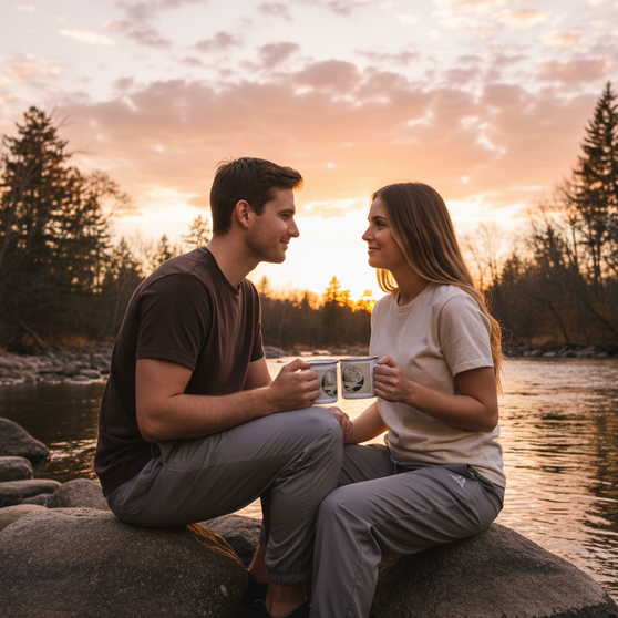 Couple by river. Couple by river have enamel mugs Time by the river 

