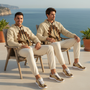 Two Friends in Open Botanical Windbreakers on Mediterranean Terrace – White Sole