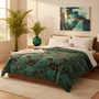Teal and gold comforter with emerald ceramic vase palm fronds and tropical decor in bright bedroom