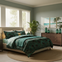Master bedroom with emerald fan comforter emerald glass vases and coastal landscape prints