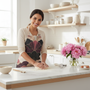 Woman in fan pattern apron baking in kitchen with beige decor