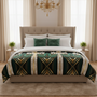 Cozy beige bedroom with art deco comforter