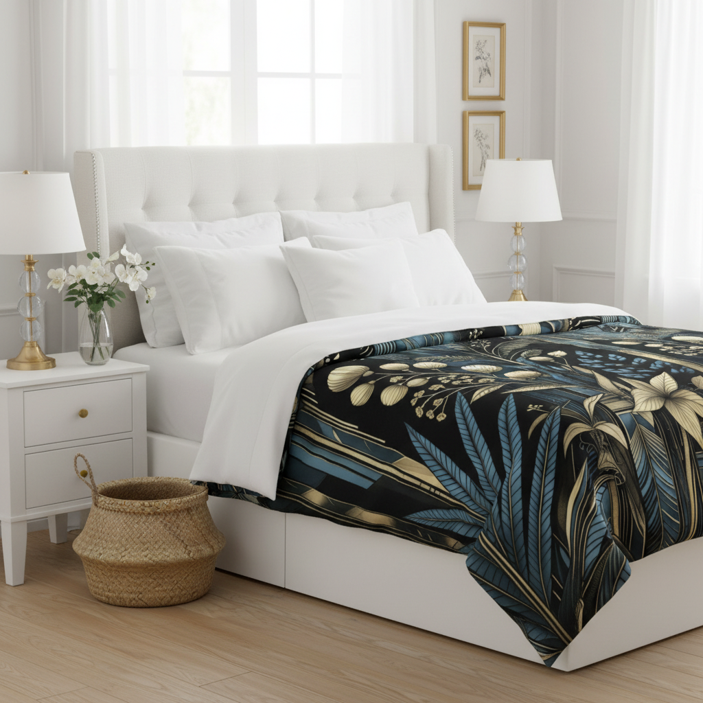 Luxury botanical comforter with navy blue and gold leaf pattern on white bed – Art Nouveau inspired bedding