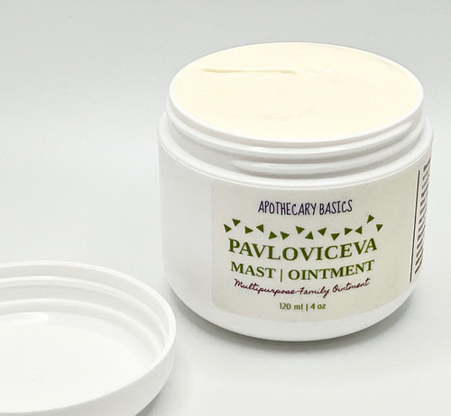Pavloviceva Mast Ointment small white plastic jar on white background