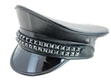 Black Vegan Leather Captain Kepi Hat With Two Rows 1/2" Pyramid