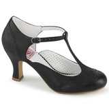 Black Kitten Heel Round Toe Perforated Wingtip T-Strap Pumps