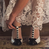 T-Strap White D'orsay Pumps with Mini Bow Accent