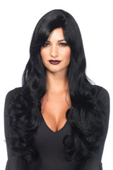 27" Long Black Wavy Wig with Side Swept Bangs