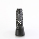 Black Vegan Leather 5" Chunky Heel Platform Boots w/ Heart Cobweb Shield - CAMEL-70