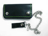 Green Stitch Small Leather Wallet with Chain