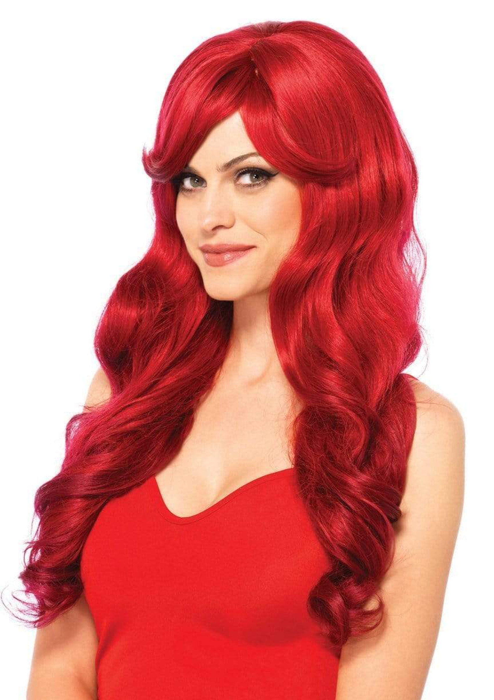 27" Long Red Wavy Wig with Side Swept Bangs