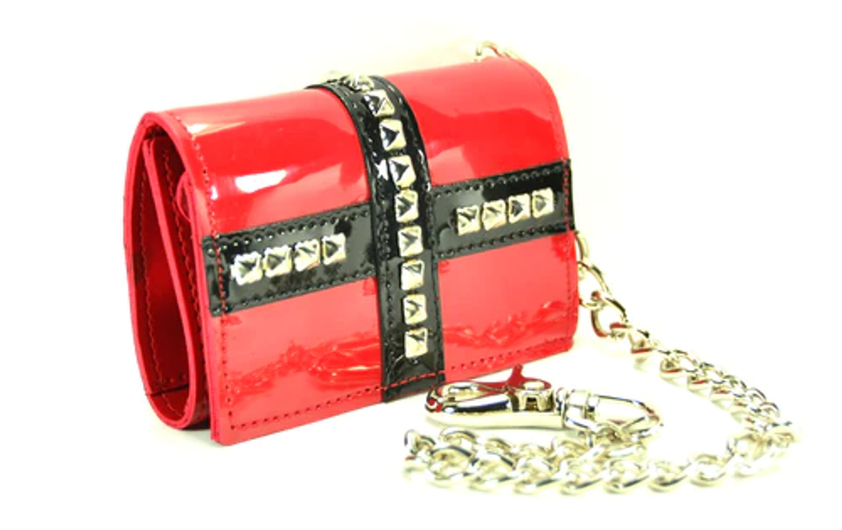 Red Patent Vegan Studded Wallet w/ Chain