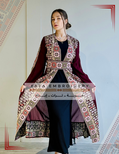 Bisht Waleed Embroidery dress open Abaya with belt Marron