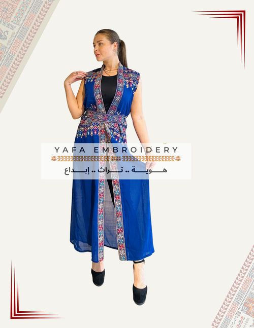 Palestinian Embroidered Open Abaya  Sleeveless Blue Tatreez