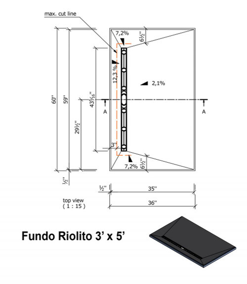 Wedi Fundo Riolito Neo Shower Base & Drain Assembly - 36" x 60" x 2-3/8" (four way slope) (075100016)