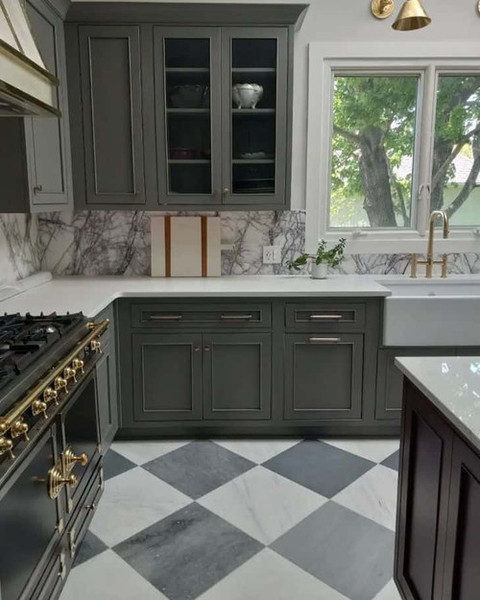 Bardiglio Imperiale Italian Honed 18x18 & Ocean White Honed 18x18 Checkerboard Pattern Marble Tile Floor