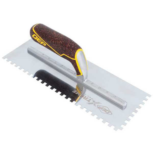 QEP Xtreme Cork Handle Trowels: Professional Tile Trowels
The QEP Xtreme Cork Handle Trowels are designed for professional installers who demand durability, comfort, and precision on the job. Manufactured to high-quality standards, these trowels combine advanced ergonomics with rugged construction to support efficient and accurate tile installation.

A standout feature is the cork comfort grip handle, engineered to provide superior cushioning while maintaining a secure, non-slip hold. This reduces hand fatigue during extended use and improves overall control when spreading thinset or mortar.

The extended handle-to-shank distance ensures maximum hand clearance, allowing for more comfortable positioning and better maneuverability. The reinforced shank, which is 25% longer and secured with 13 exposed rivets, enhances structural strength and reliability under heavy use.

Each trowel features a durable, rust-resistant 12" stainless steel blade designed for long life and consistent performance. Available in multiple notch configurations, these trowels are suitable for a wide range of applications—from small ceramic tiles to large-format stone installations.

Built for performance and comfort, the QEP Xtreme Cork Handle Trowels are an essential tool for achieving professional results in tile and flooring projects.

Key Features and Benefits
Cork Comfort Grip Handle
Provides superior cushioning and anti-slip control for extended use
Extended Handle Clearance
Increased distance between handle and shank allows better hand positioning and comfort
Reinforced Shank Design
25% longer shank with 13 exposed rivets delivers exceptional strength and durability
Premium Stainless Steel Blade
Rust-resistant 12" blade offers long-lasting performance and precise mortar application
Professional-Grade Construction
Built to withstand demanding jobsite conditions
Multiple Notch Options
Available in various sizes to match different tile and flooring applications
Improved Longevity
Blade lasts up to 25% longer compared to standard trowels
