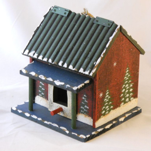 Holiday Cabin Birdhouse with Blue Porch