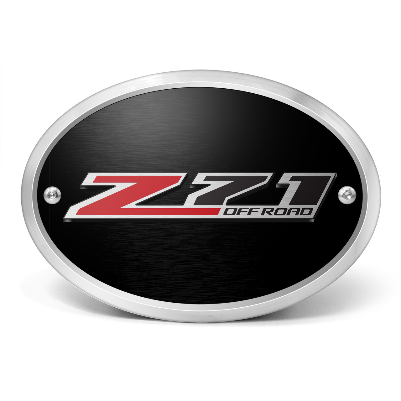Chevrolet Z71 Off Road 3D Logo on Black Oval Billet Aluminum 2 inch Tow
