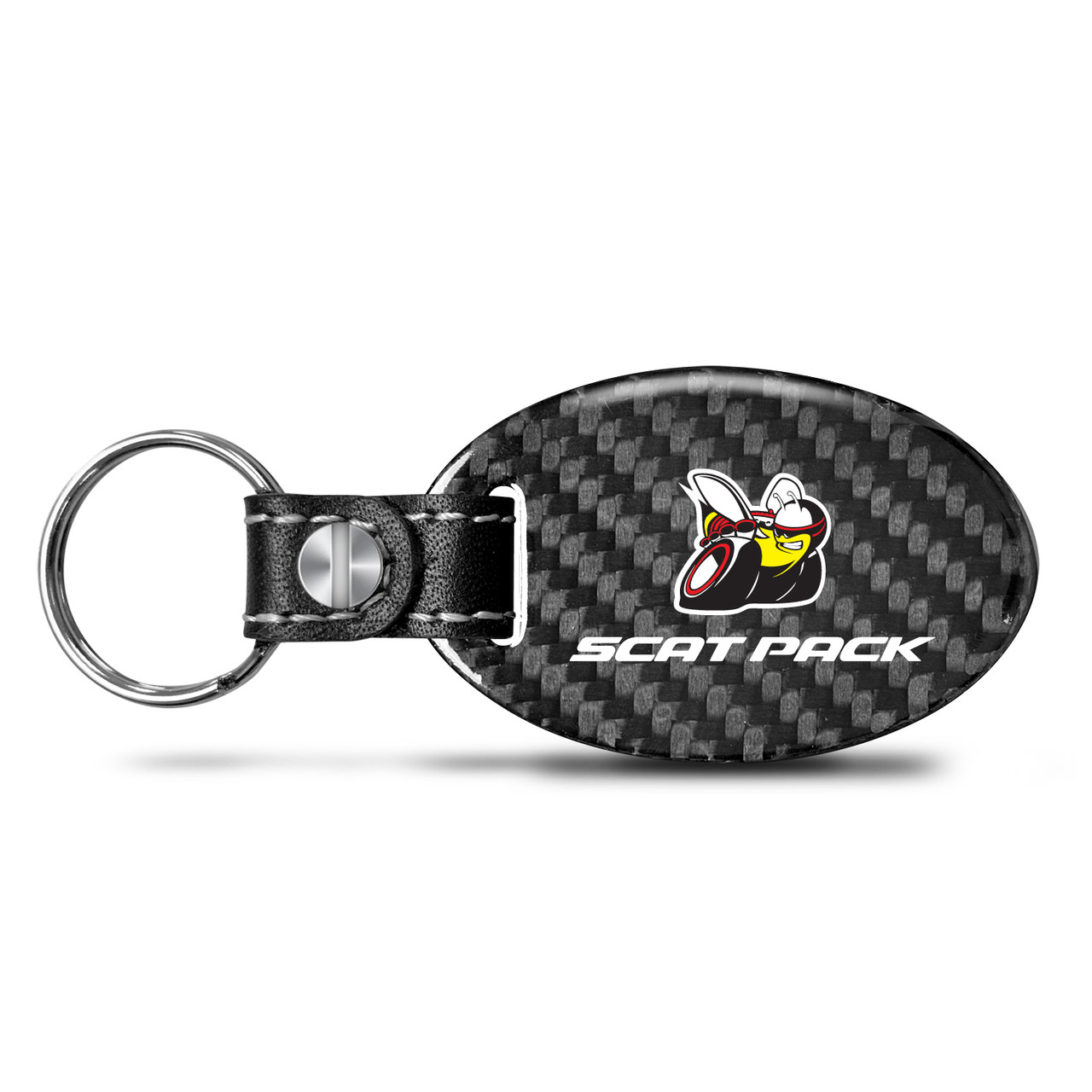 Dodge Scat-Pack Real Carbon Fiber Large Oval Shape Black Leather Strap Key  Chain