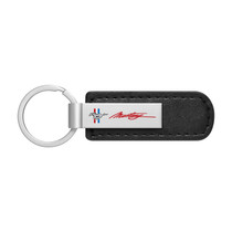Ford Mustang Script in Red Silver Metal Black PU Leather Strap Key Chain