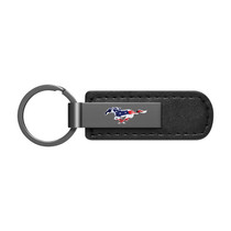Ford Mustang USA Flag Gunmetal Black Metal Plate PU Leather Strap Key Chain