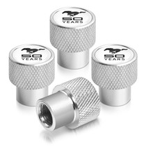 Ford Mustang 50 Years in White on Silver Chrome Aluminum Tire Valve Stem Caps