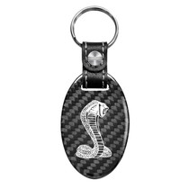 Ford Mustang Cobra Real Carbon Fiber Oval Shape Black Leather Strap Key Chain