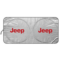 Jeep in Red Logo Universal Fit One-Piece Easy Folding Silver Reflective Fabric Windshield Sun Shade (size: 75.5"x 37.5")