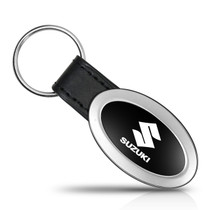 Genuine Black Leather Oval Silver Suzuki Logo Key Chain Fob Ring