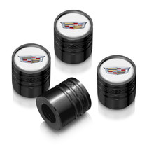Cadillac Crest Logo in White on Black Aluminum Cylinder-Style Tire Valve Stem Caps