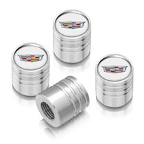 Cadillac Crest Logo in White on Shining Silver Aluminum Cylinder-Style Tire Valve Stem Caps
