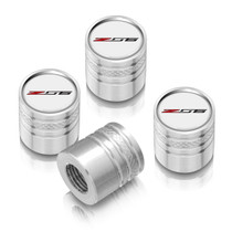 Chevrolet Corvette C7 Z06 Logo in White on Shining Silver Aluminum Cylinder-Style Tire Valve Stem Caps