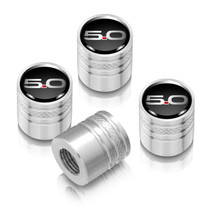 Ford Mustang 5.0 Black on Silver Aluminum Cylinder-Style Tire Valve Stem Caps