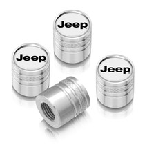 Jeep in White on Shining Silver Aluminum Cylinder-Style Tire Valve Stem Caps