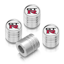 Nissan GT-R White on Silver Aluminum Cylinder-Style Tire Valve Stem Caps