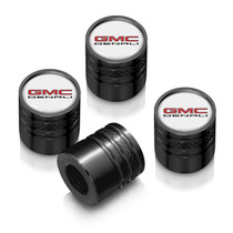 GMC Denali Nameplate in White on Black Aluminum Cylinder-Style Tire Valve Stem Caps