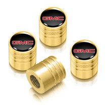 GMC Red Logo in Black on Golden Aluminum Cylinder-Style Tire Valve Stem Caps