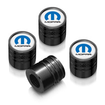 Mopar in White on Black Aluminum Cylinder-Style Tire Valve Stem Caps