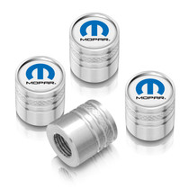 Mopar in White on Shining Silver Aluminum Cylinder-Style Tire Valve Stem Caps