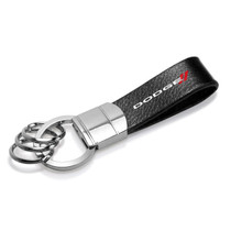 Dodge Black Real Leather Strap Chrome Round Hook Metal Key Chain