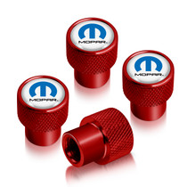 Mopar in White on Red Aluminum Tire Valve Stem Caps for Dodge Jeep RAM Chrysler
