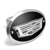 Cadillac 3D Crest Logo in Silver on Black Plate Oval Billet Aluminum 2-inch Tow Hitch Cover