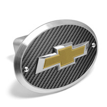 Chevrolet 3D Gold Logo on Carbon Fiber Look Plate Oval Billet Aluminum 2-inch Tow Hitch Cover