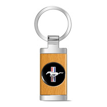 Ford Mustang Tri-Bar Roundel Logo in Black on Maple Wood Chrome Metal Trim Key Chain
