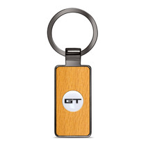 Ford Mustang GT Roundel Logo in White on Maple Wood Gray Gunmetal Metal Case Key Chain